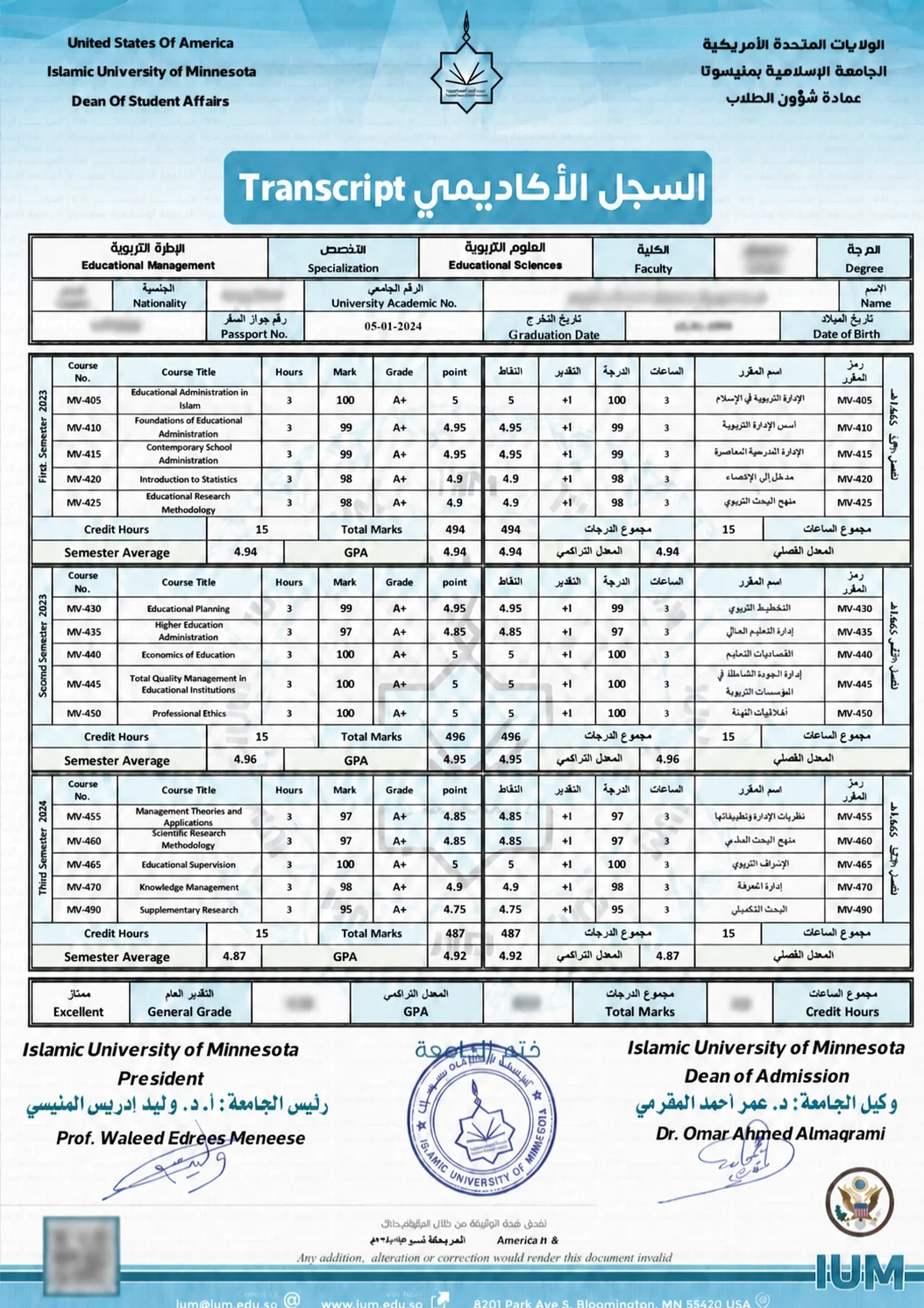 Current graduate academic transcript with personal data and degree level obscured