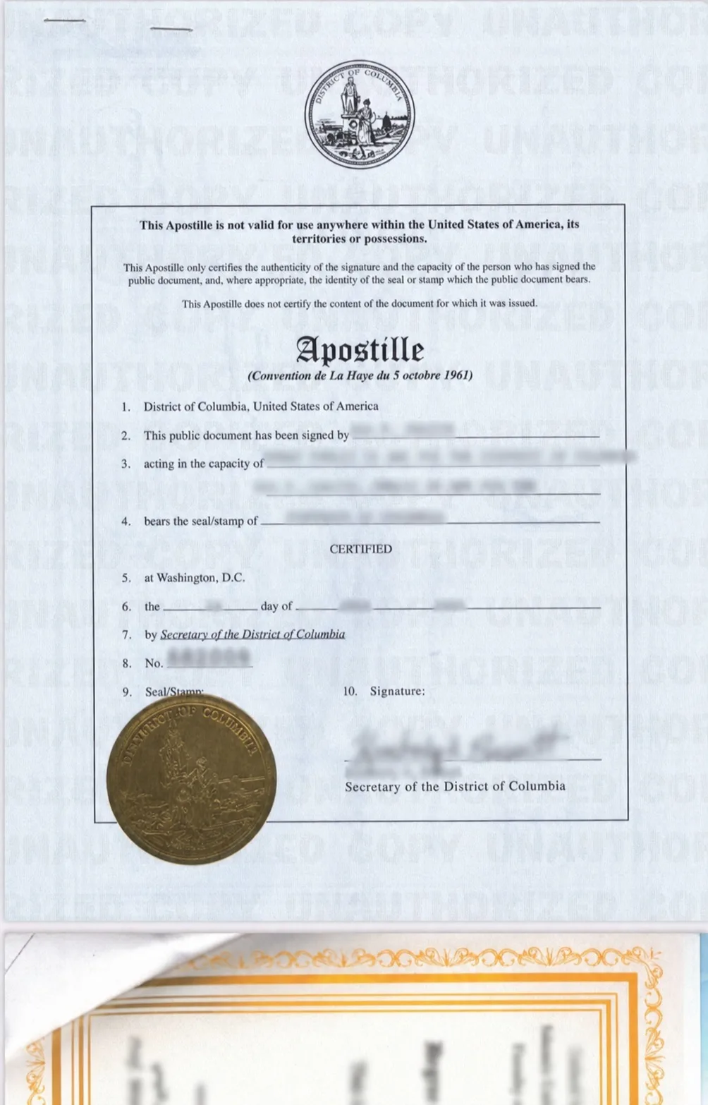 Illustrative Apostille authentication with personal data obscured