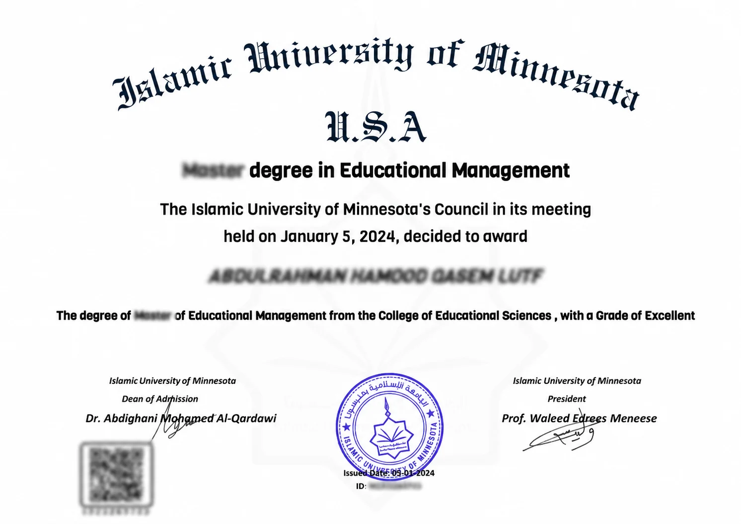 Current alternative graduation-certificate design with personal data and degree level obscured