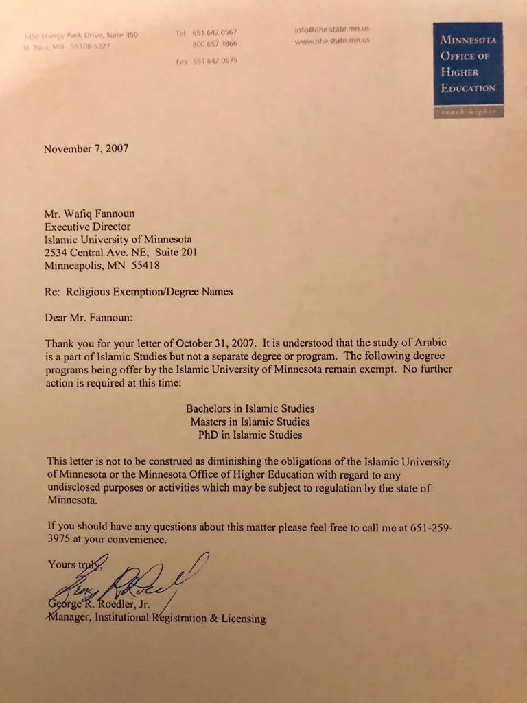 Minnesota Office of Higher Education letter concerning religious exemption and Islamic Studies degree names