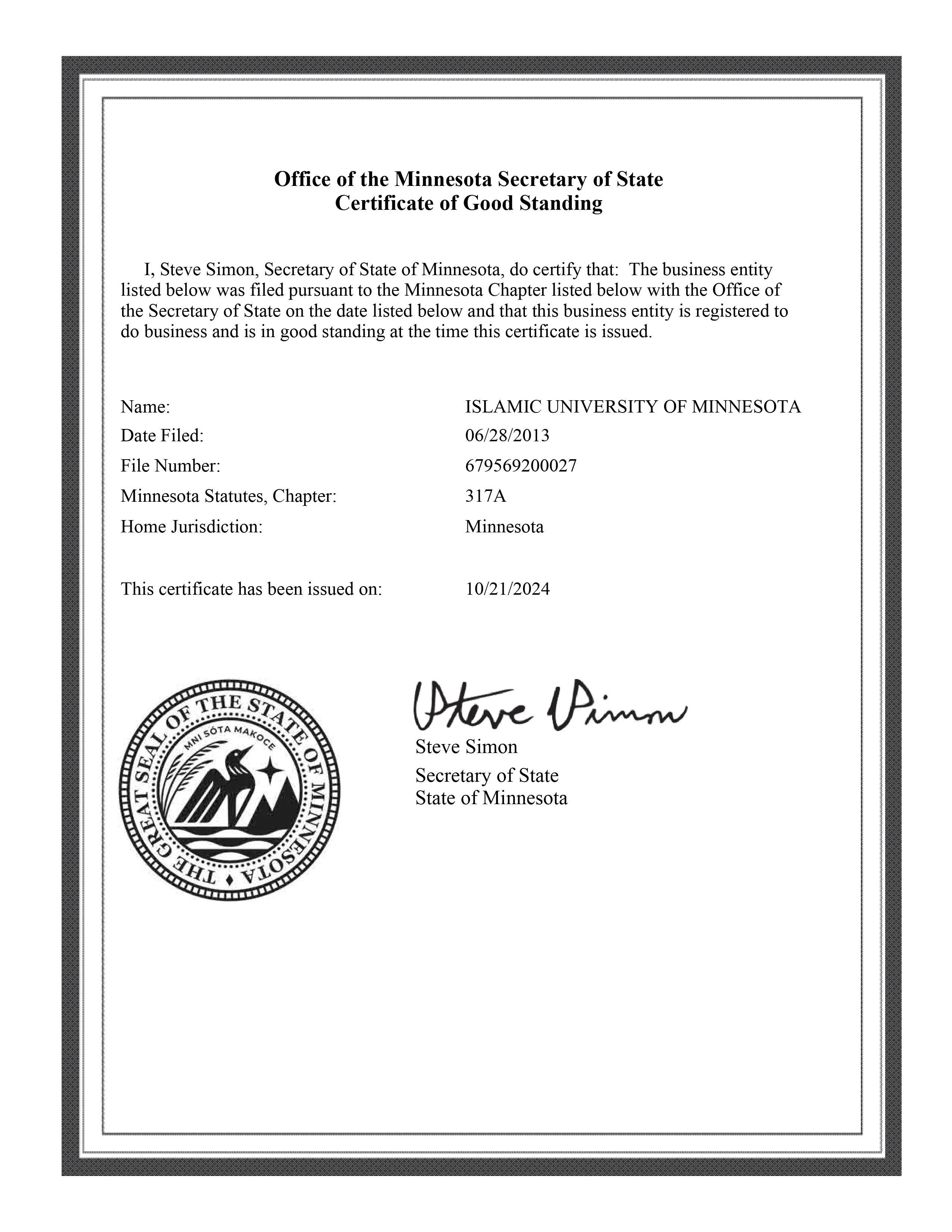 Minnesota Secretary of State Certificate of Good Standing for the Islamic University of Minnesota